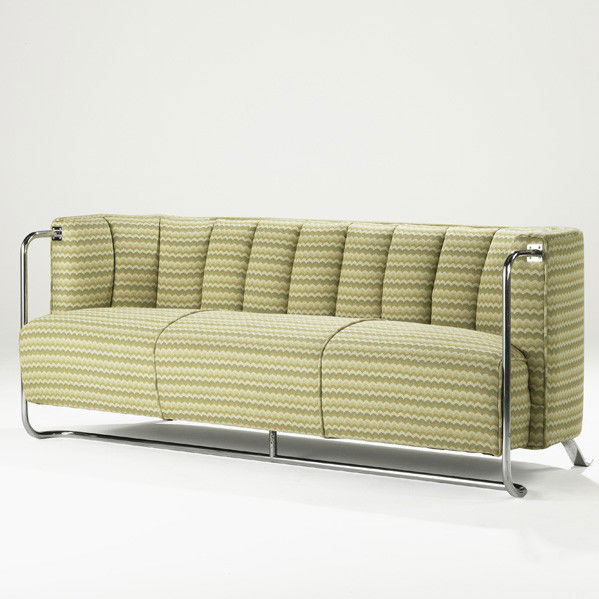 GILBERT ROHDE; TROY SUNSHADE; Sofa: GILBERT ROHDE; TROY SUNSHADE; Sofa, USA, 1930s; Chromed steel, upholstery; Unmarked; 27 1/2'' x 70'' x 28 1/2''