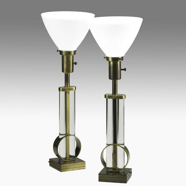 GILBERT ROHDE; Pair of table lamps: GILBERT ROHDE; MUTUAL SUNSET LIGHTING; Pair of table lamps, USA, 1940s; Brass, glass rods, milk glass; Marked MSLC 4660; With shades: 23'' x 8''