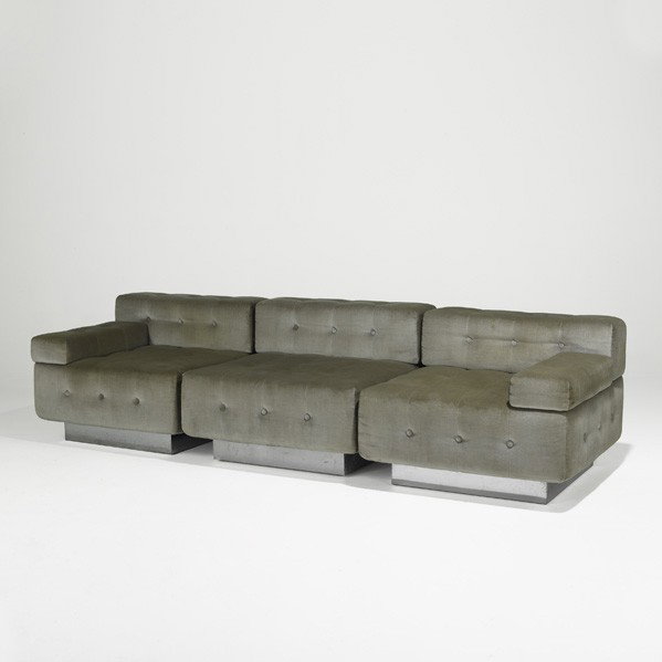 HARVEY PROBBER; Modular sofa: HARVEY PROBBER; HARVEY PROBBER INC; Modular sofa, USA, 1960s; Cotton velvet, chromed steel; Fabric labels; 24 1/2'' x 99'' x 33 1/2'', units: 24 1/2'' x 32 1/2'' sq.