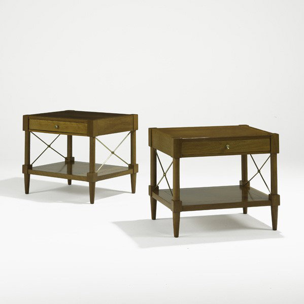 T.H. ROBSJOHN-GIBBINGS; Pair of nightstands: T.H. ROBSJOHN-GIBBINGS; BAKER; Pair of nightstands, USA, 1960s; Cherry, brass; Unmarked; 23'' x 27'' x 21 1/2''