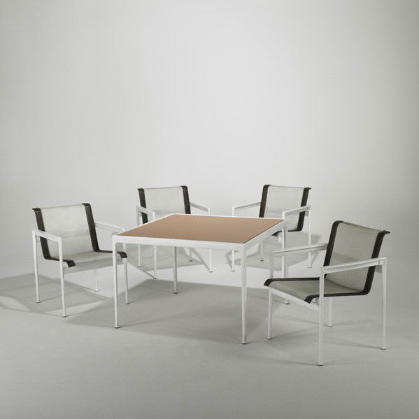RICHARD SCHULTZ; Set of four chairs: RICHARD SCHULTZ; KNOLL ASSOCIATES; Set of four patio dining chairs and table, USA, 1970s; Enameled aluminum and steel, plastic webbing, stitched leather; Unmarked; Chairs: 29 1/4'' x 23'' x 24'', tabl