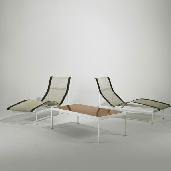 RICHARD SCHULTZ; Pair of chaises longues & table: RICHARD SCHULTZ; KNOLL ASSOCIATES; Pair of fixed-back chaises longues and table, USA, 1970s; Enameled aluminum and steel, plastic webbing, stitched leather; Unmarked; Chairs: 33'' x 60'' x 24'', table