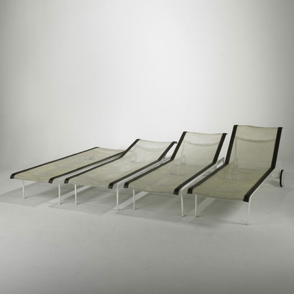 RICHARD SCHULTZ; Set of chaises longues: RICHARD SCHULTZ; KNOLL ASSOCIATES; Set of four reclining chaises longues with wheels, USA, 1970s; Enameled aluminum, plastic webbing, stitched leather, rubber; Unmarked; Flat: 14 3/4'' x 76'' x 25 1/2
