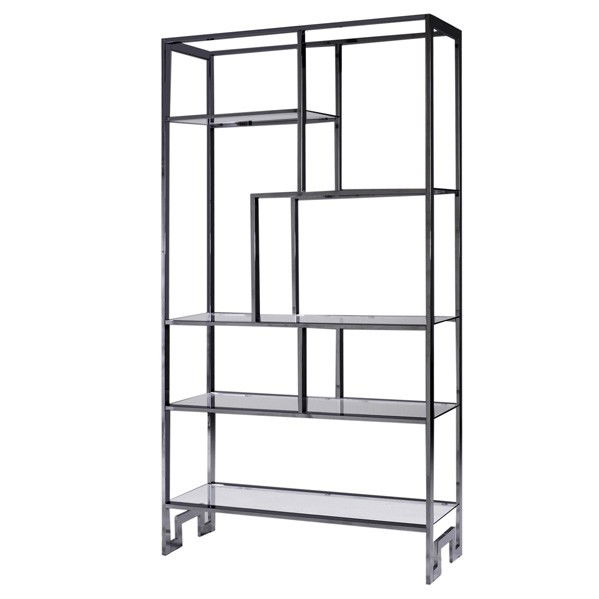 MILO BAUGHMAN; THAYER-COGGIN; Shelving unit: MILO BAUGHMAN; THAYER-COGGIN; Shelving unit, USA, 1970s; Chromed steel, glass; Unmarked; 79'' x 42'' x 16''