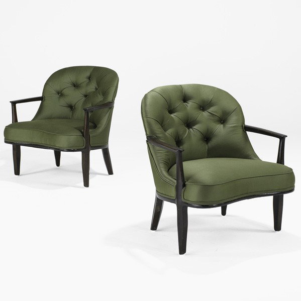 EDWARD WORMLEY; DUNBAR; Janus lounge chairs: EDWARD WORMLEY; DUNBAR; Pair of Janus lounge chairs (no. 5705), USA, 1950s; Mahogany, silk upholstery; Unmarked; 30'' x 27 1/4'' x 26 1/2''
