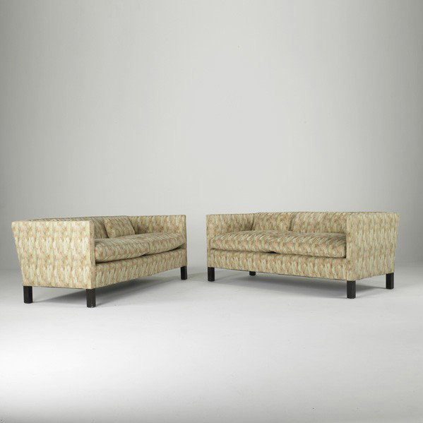 EDWARD WORMLEY; DUNBAR; Sofas: EDWARD WORMLEY; DUNBAR; Pair of sofas, USA, 1960s; Upholstery, mahogany; Unmarked; 26 1/2'' x 66 1/2'' x 30 1/2''