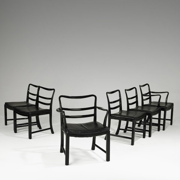 EDWARD WORMLEY; Set of six chairs: EDWARD WORMLEY; DUNBAR; Set of six dining chairs, USA, 1940s; Dark lacquered mahogany, black leather; Unmarked; Armchairs: 33 1/2'' x 27 1/4'' x 25'', side: 32'' x 22'' x 23''