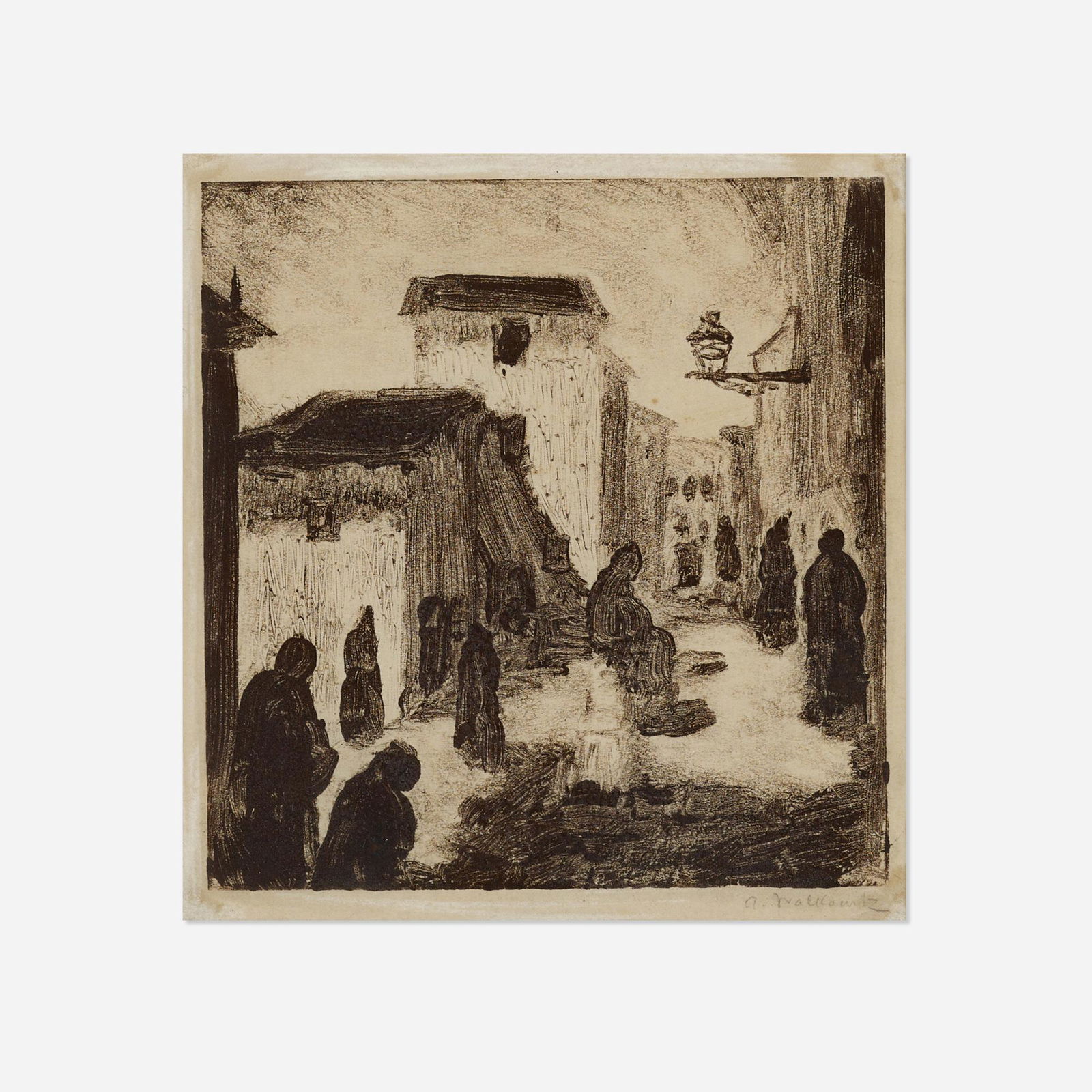 Abraham Walkowitz, Street Scene: Abraham Walkowitz Street Scene monoprint sight: 6.375 h × 6.125 w in (16 × 16 cm) Signed to lower right 'A. Walkowitz'. Provenance: Bernard Danenberg Galleries, N