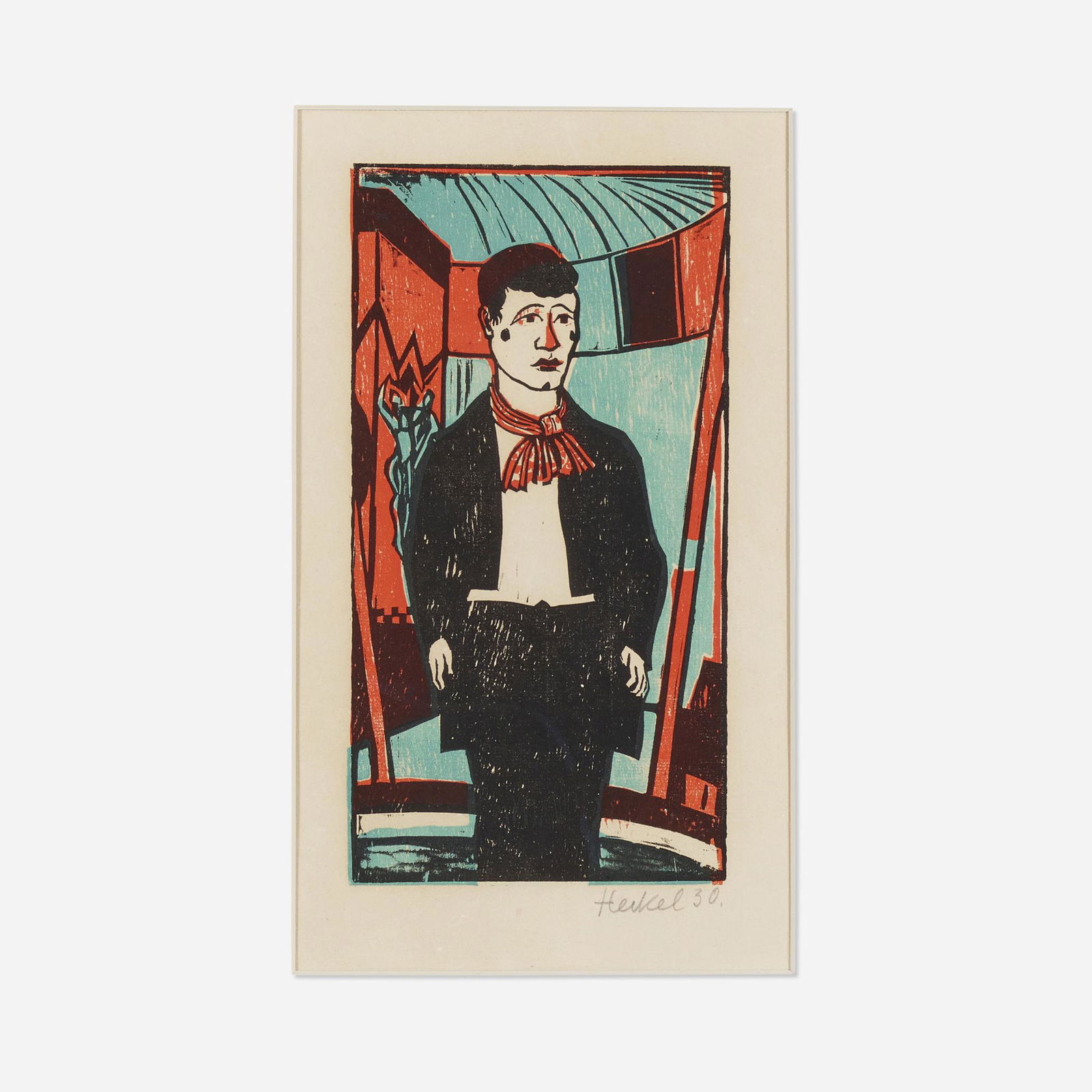 Erich Heckel, Junger Clown: Erich Heckel Junger Clown 1930woodcut in colors image: 11.5 h × 6 w in (29 × 15 cm) sheet: 16 h × 12.25 w in (41 × 31 cm) Signed and dated to lower margin 'Heckel 30