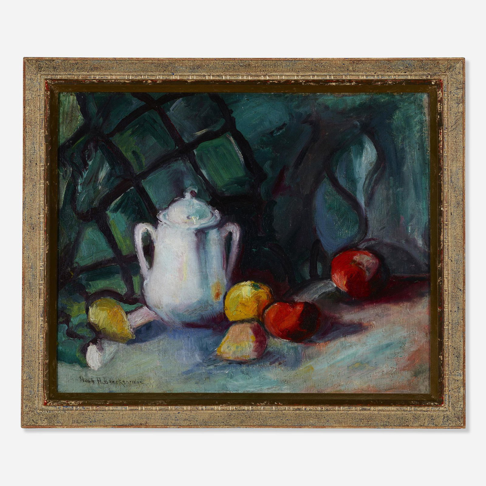 Hugh Henry Breckenridge, Still Life: Hugh Henry Breckenridge Still Life with Carafe and Fruit oil on canvas in Badura frame 17 h × 21 w in (43 × 53 cm) Signed to lower left 'Hugh H. Breckenridge'. This w