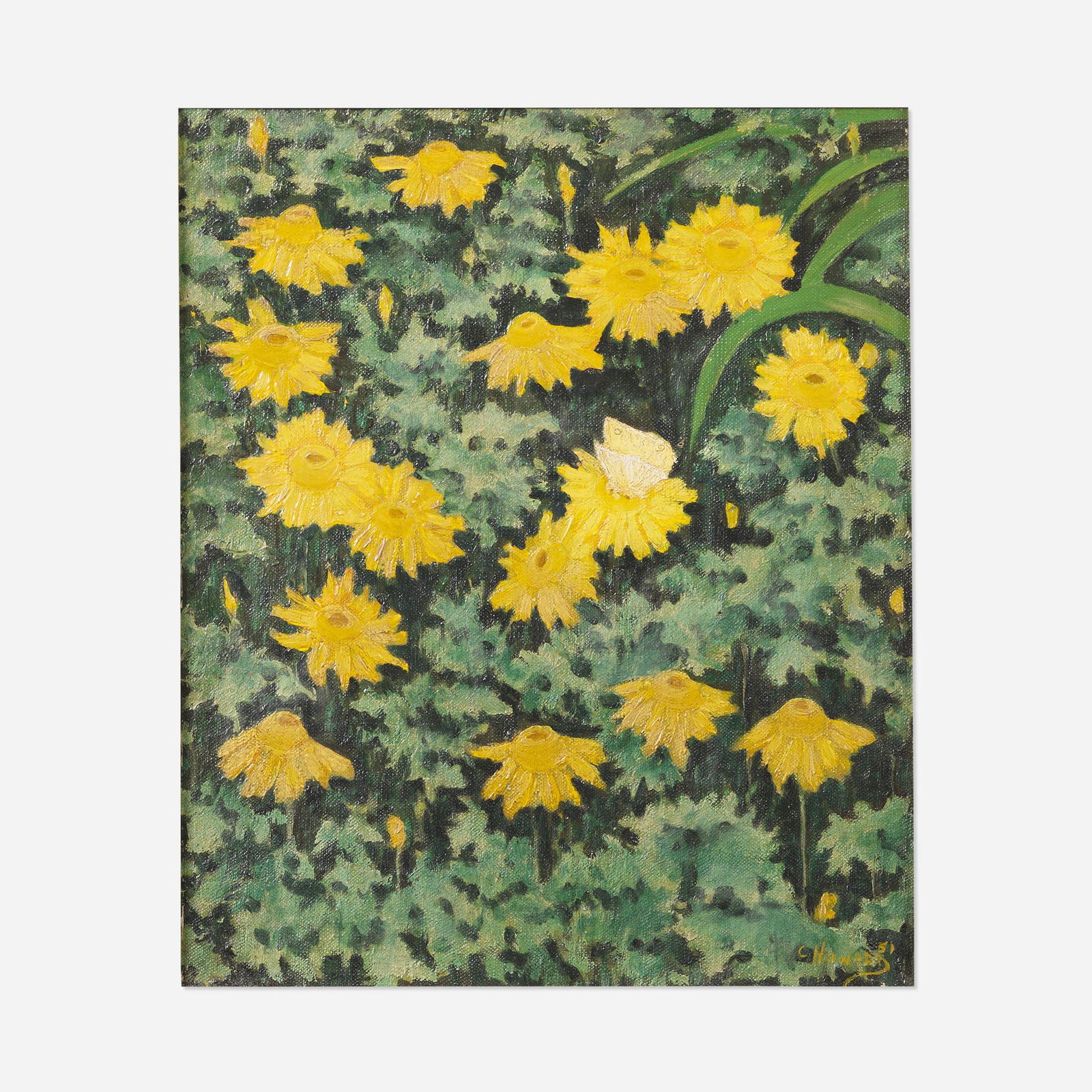 Charlotte Howard, Yellow Flowers: Charlotte Howard Yellow Flowers 1951oil on canvas 12 h × 10 w in (30 × 25 cm) Signed and dated to lower right 'C Howard 51'. Signed and inscribed to verso ' C. Howard 31 W. 11 Stre