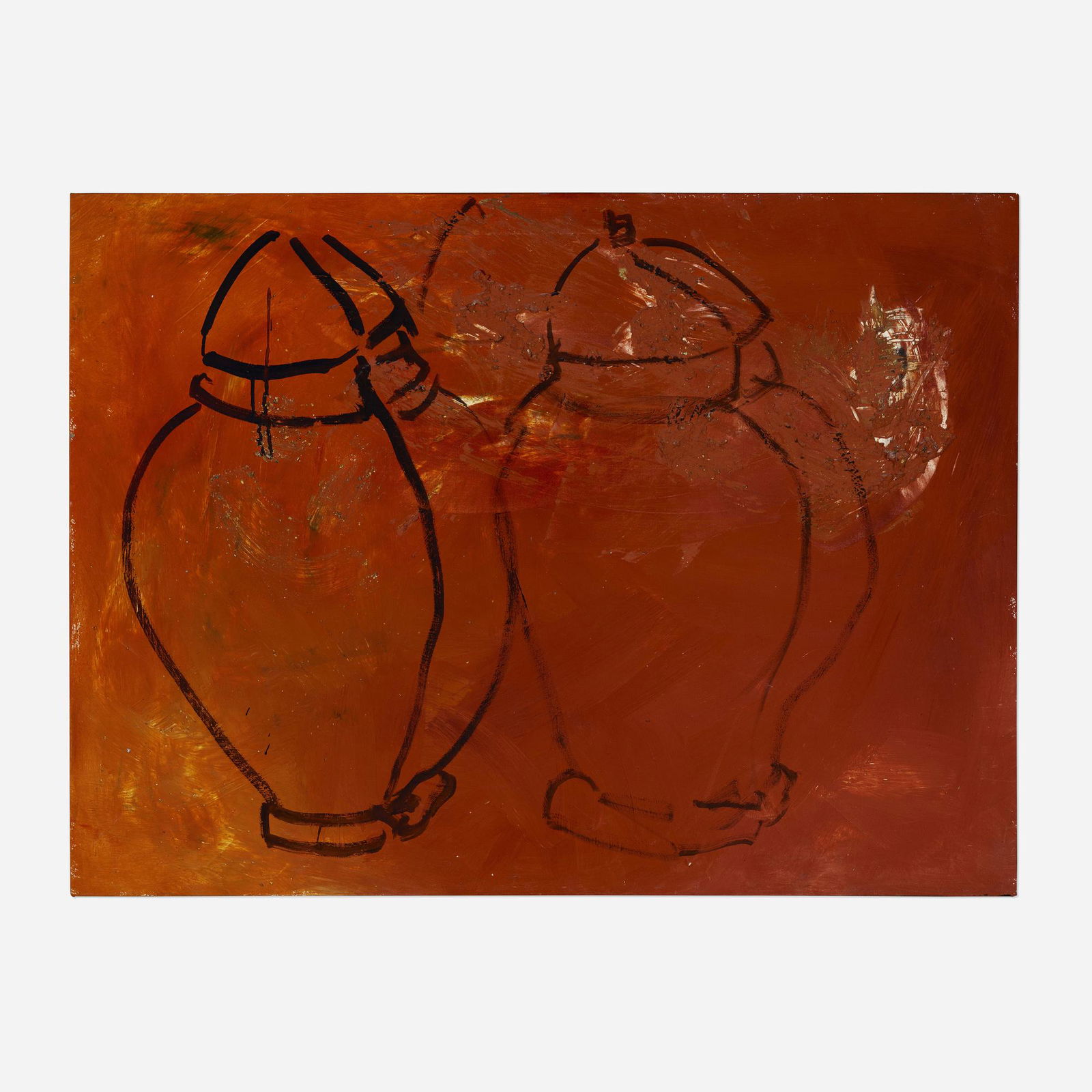 Sandi Slone, Catalonian Fang Hu Doppelganger: Sandi Slone Catalonian Fang Hu Doppelganger 1987acrylic on canvas 35.25 h Ã— 47.875 w in (90 Ã— 122 cm) Signed, titled and dated to verso '1987 Sandi Sloane Catalonian Fang Hu Doppelganger'.