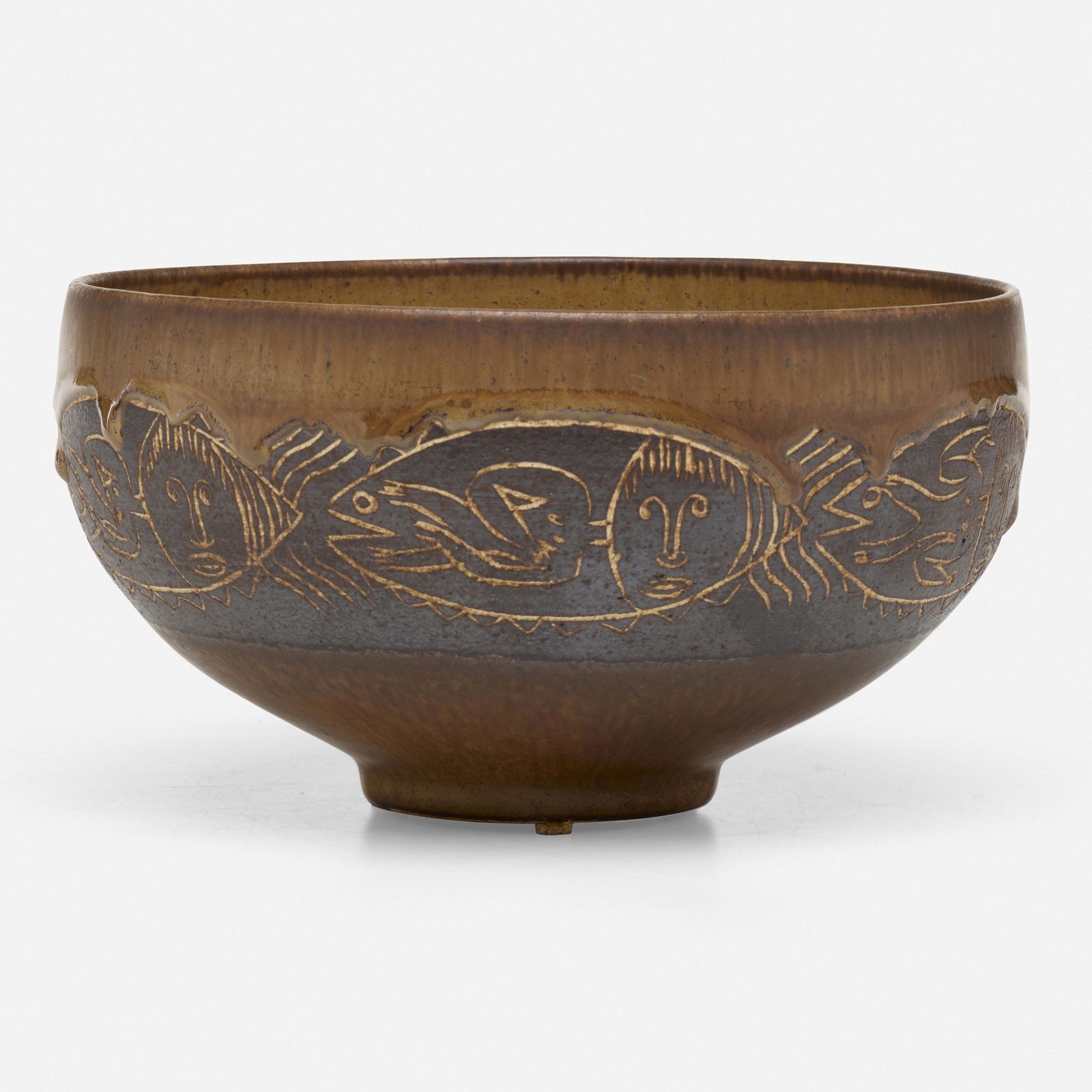 Edwin and Mary Scheier, Early bowl: Edwin and Mary Scheier Early bowl USA, c. 1955glazed stoneware with sgraffito decoration 4 h × 7 dia in (10 × 18 cm) Incised signature to underside 'Scheier'. T