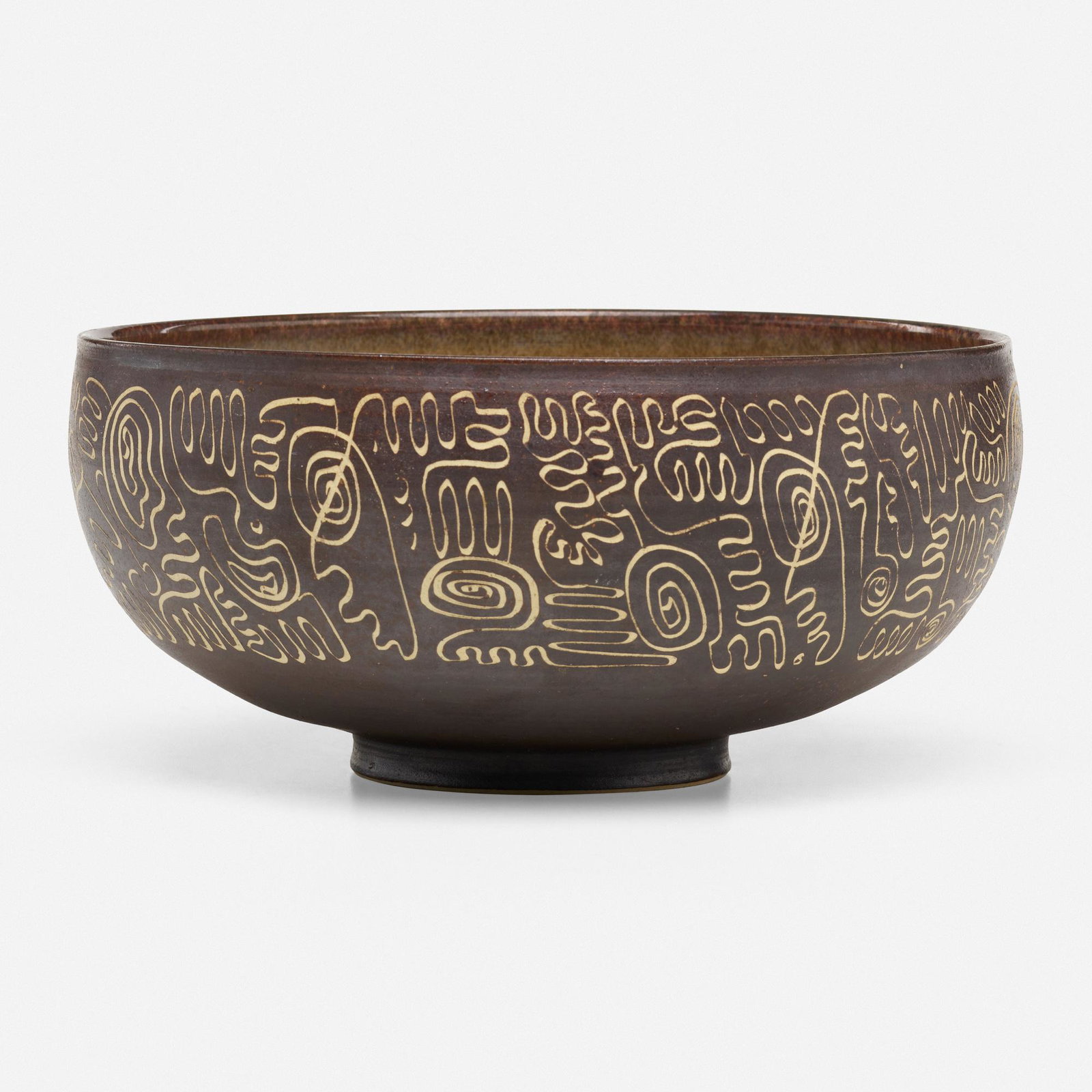 Edwin and Mary Scheier, Early bowl: Edwin and Mary Scheier Early bowl USA, c. 1955glazed stoneware with sgraffito decoration 4 h × 8 dia in (10 × 20 cm) Incised signature to underside 'Scheier'. T