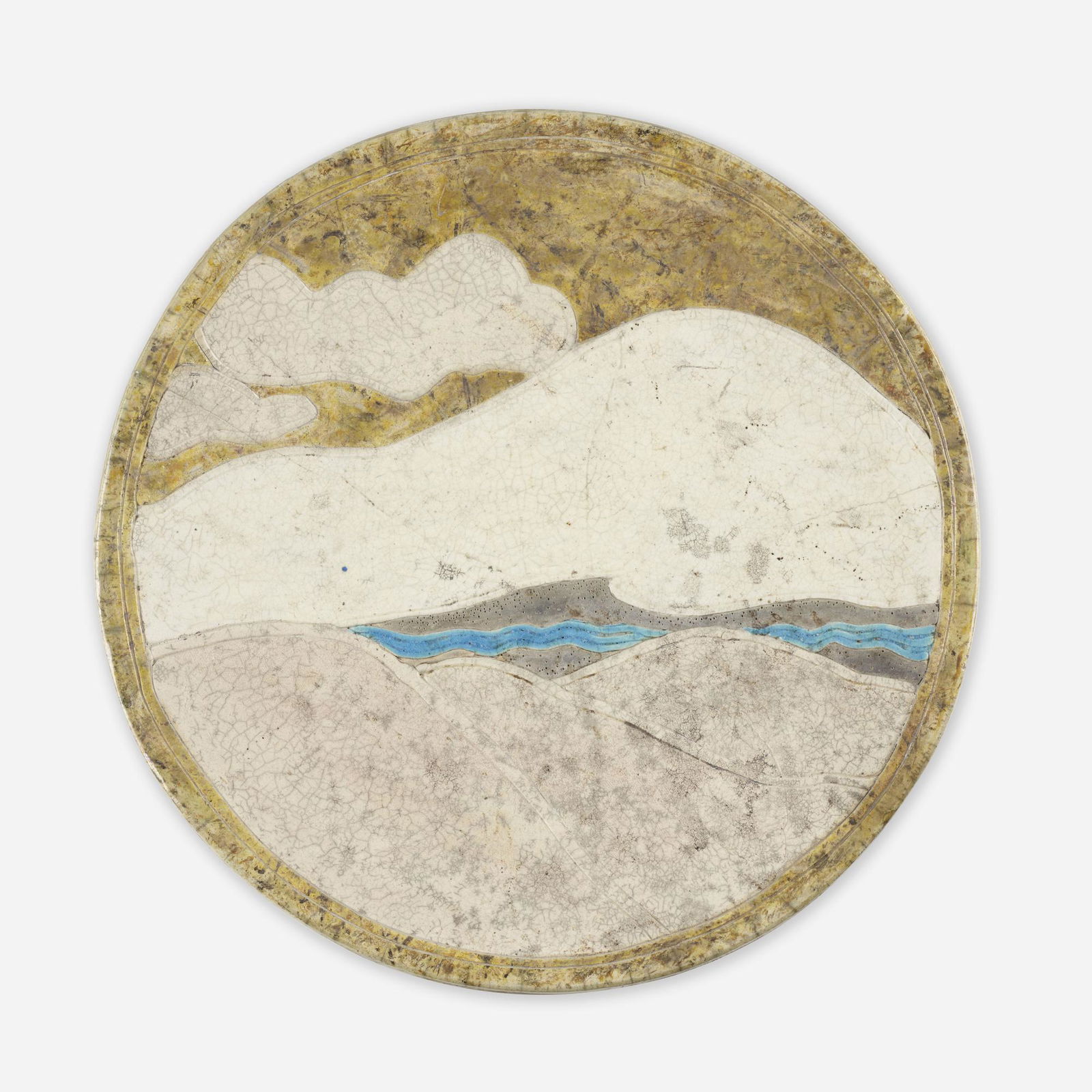 Wayne Higby, Wall-hanging charger: Wayne Higby Wall-hanging charger USAglazed and raku-fired earthenware 2.5 d × 16.5 dia in (6 × 42 cm) Artist's chop mark to reverse. This work will ship from Ra