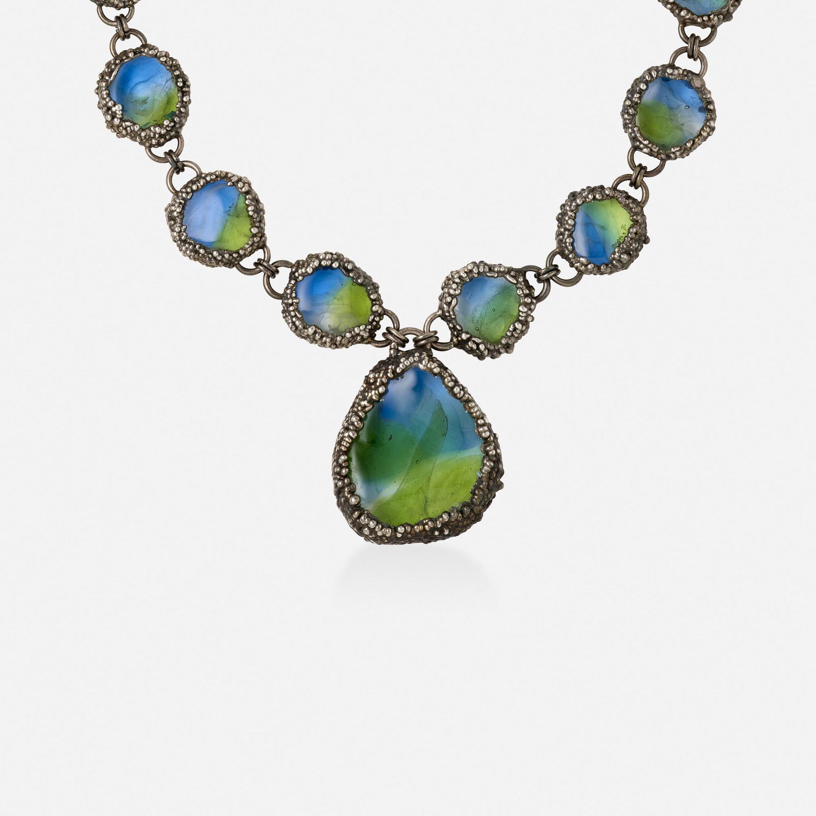 Giorgio Vigna, Silver and Murano glass necklace: Giorgio Vigna Silver and Murano glass necklace The dual-colored Murano glass of blue and green, encased in silver granulation Part of the Sasso Collection Oxidized silver Signed Giorgio Vigna 22