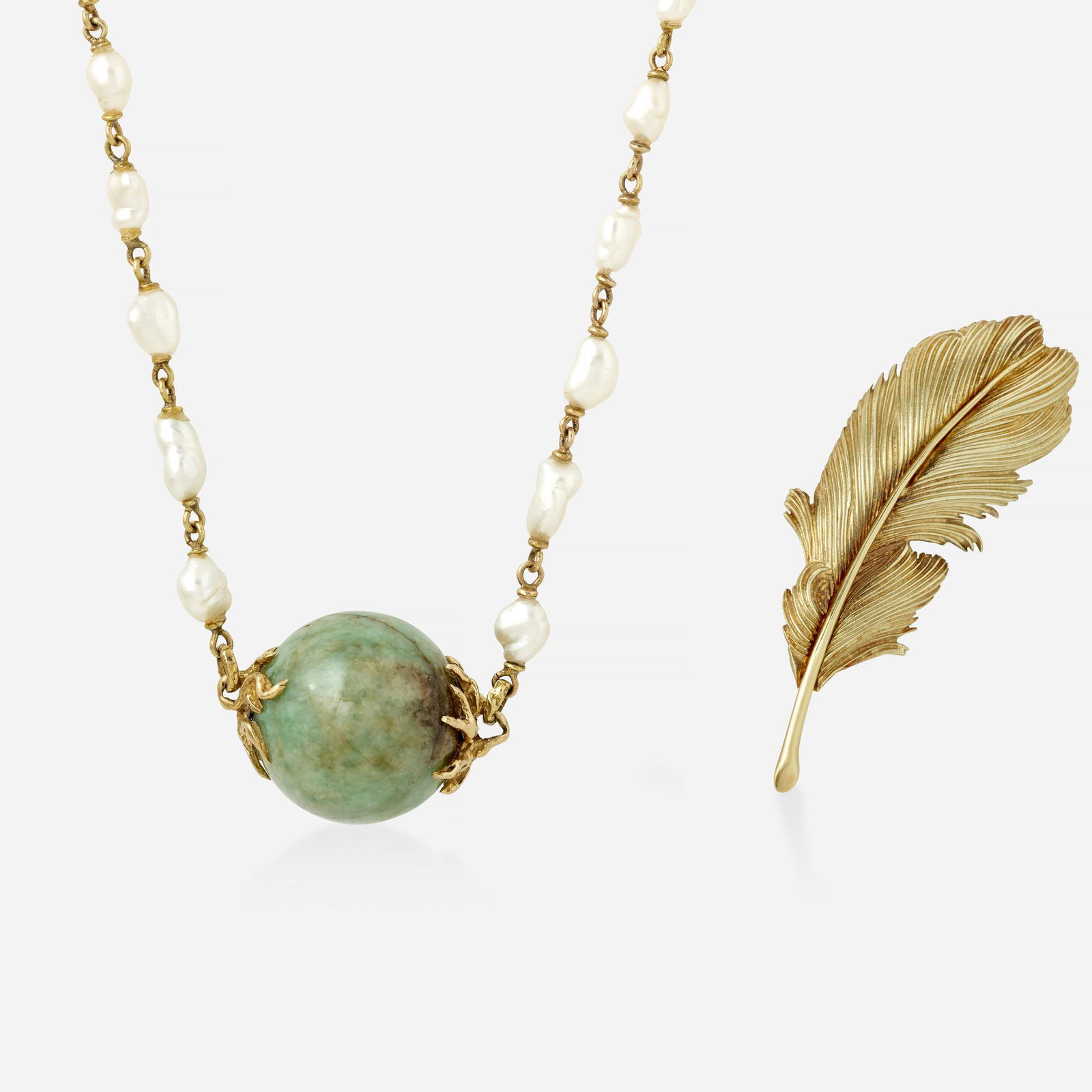 Jadeite, cultured baroque pearl, necklace, brooch (1 of 2)