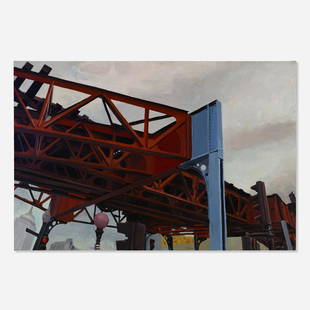 George Nick, Orange Line, Washington St.: George Nick Orange Line, Washington Street and Man Pike 1982oil on canvas 40 h × 60.125 w in (102 × 153 cm) Signed, titled and dated to upper right 'Orange Line, Washington St + Ma