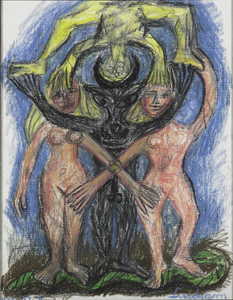 Bengt Lindstrom (Swedish, 1925-2008) Adam and Eve,: Bengt Lindstrom (Swedish, 1925-2008) Adam and Eve, 1976; Oil pastel on paper (framed); Signed and dated; 25 1/4'' x 19 1/2'' (sight); Provenance: Private Collection
