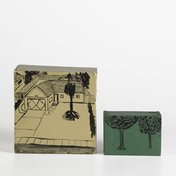 Chris Johanson (American, b. 1968) House, 1999: Chris Johanson (American, b. 1968) House, 1999; Paint on wood (two parts); Titled; 7'' x 6 3/4'' x 4 1/8'' (largest); Provenance: Private Collection, New York