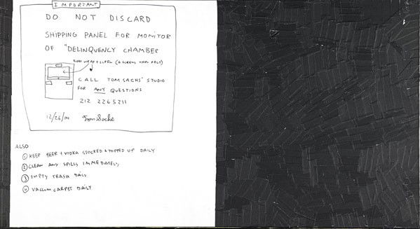 Tom Sachs (American, b. 1966) Important/Do Not Dis: Tom Sachs (American, b. 1966) Important/Do Not Discard..., 2004; Mixed media (gaffers tape and marker on board); Signed and dated; 26 3/8'' x 47 1/2''; Provenance: Private Collection