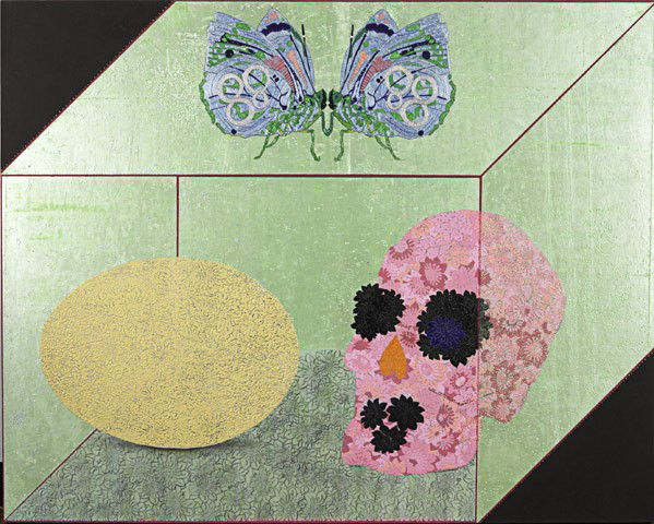 Chie Fueki (Brazilian/Japanese, b. 1973) Present,: Chie Fueki (Brazilian/Japanese, b. 1973) Present, 2003; Acrylic and mixed media on mulberry paper laid on board; Signed, dated and titled; 48'' x 60''; Provenance: Private Collection