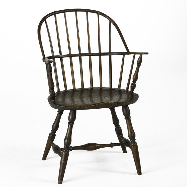 AMERICAN WINDSOR ARMCHAIR: AMERICAN WINDSOR ARMCHAIR; Mixed woods with bow back and saddle seat, ca. 1800; 36'' x 24'' x 21''