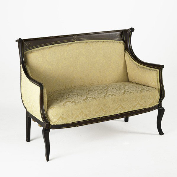 EDWARDIAN LOVESEAT: EDWARDIAN LOVESEAT; Mahogany frame with line inlay on cabriole legs, ca. 1900; 36'' x 46'' x 19 1/2''