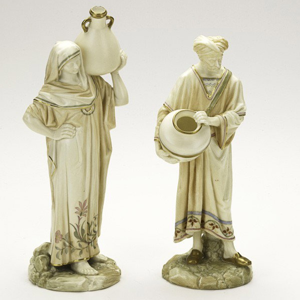 ROYAL WORCESTER: ROYAL WORCESTER; Pair of porcelain figures in Middle Eastern dress with water jugs, 19th c.; Marked; Taller: 9 3/4''