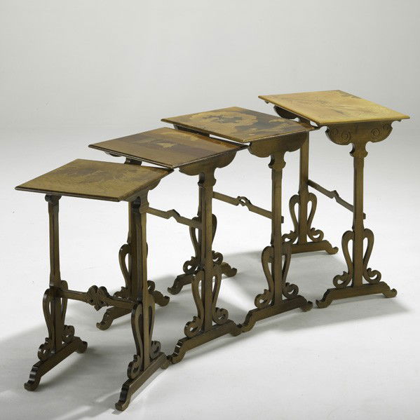 GALLE: GALLE; Set of four inlaid nesting tables; Largest signed Galle in marquetry; Smallest has retailer's tag; Largest: 28'' x 23'' x 15''