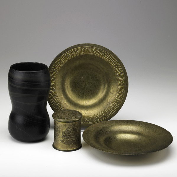 TIFFANY STUDIOS: TIFFANY STUDIOS; Four items, early 20th c.: two dore bronze bowls, covered jar with ship decoration and swirl glass vase; Remnants of paper label on vase; Tallest: 7 3/4''