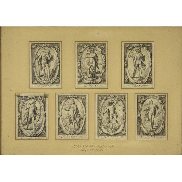 JACOB MATHAN (Dutch, 1571-1631): JACOB MATHAN (Dutch, 1571-1631); Seven copper engravings: Sol, Saturnus, Venus, Jupiter, Mars, Mercurus and Luna (framed); Each: 4 5/8'' x 3''