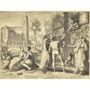 JAN PIETERSZ SAENREDAM (1565-1607): JAN PIETERSZ SAENREDAM (1565-1607); Copper engraving, ''Tanzende und feiernde junge Paare,'' 1596 (framed); 11 7/8'' x 15 3/4''