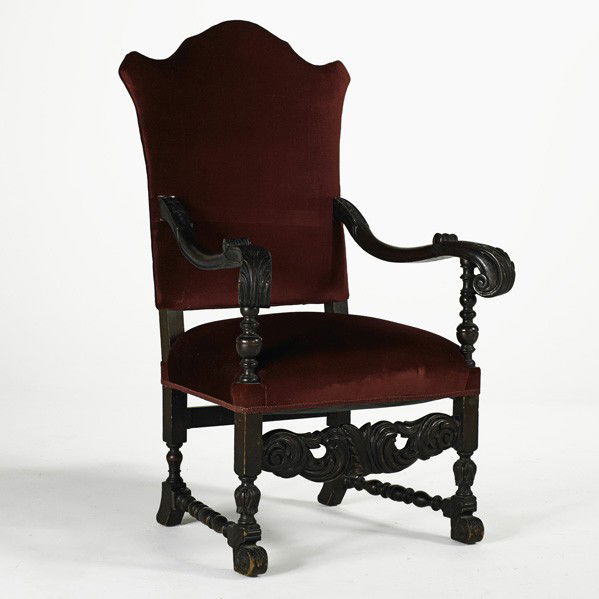 RENAISSANCE REVIVAL OPEN ARMCHAIR: RENAISSANCE REVIVAL ARMCHAIR; Carved mahogany frame with red velvet upholstery, ca. 1900; 49'' x 30'' x 28 1/2''