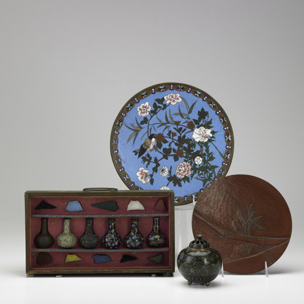 ASIAN GROUPING: ASIAN GROUPING; Cloisonne display of miniature gourd vases in various stages of production, goldstone cricket jar, bird-decorated plate and red lacquer plate, 19th/20th c.; Largest: 3 1/8'' x 6 3/4'' 