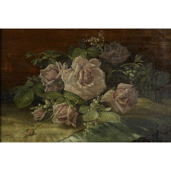 EDWARD CHALMERS LEAVITT (American, 1842-1904): EDWARD CHALMERS LEAVITT (American, 1842-1904); Oil on canvas still life with roses and lily-of-the-valley, 1892 (framed); Signed and dated; 12'' x 18''