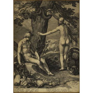 JAN PIETERSZ SAENREDAM (Dutch, 1565-1607): JAN PIETERSZ SAENREDAM (Dutch, 1565-1607); Engraving after Abraham Bloemaert (Dutch, 1564-1651), ''Eve Offering Adam the Forbidden Fruit,'' (framed); 7 3/4'' x 10 3/4''