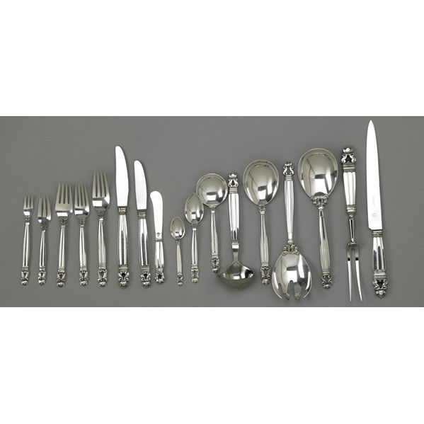 GEORG JENSEN ''ACORN'' SILVER FLATWARE SERVICE: GEORG JENSEN ''ACORN'' SILVER FLATWARE SERVICE, DENMARK. Designed by Johan Rohde, 1915, post-war marks. (11) piece service for eight and (7) serving utensils: dinner forks, 7 1/2''; luncheon forks, 6