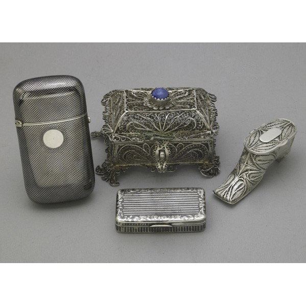 RUSSIAN SILVER MATCH SAFES AND FILIGREE BOX: RUSSIAN SILVER MATCH SAFES AND FILIGREE BOX. Niello match safe by Ivan Khlebnikov, Moscow, 84, 1871; unidentified rectangular Niello vesta case, 1851; unmarked filigree shoe-form match safe; filigree 
