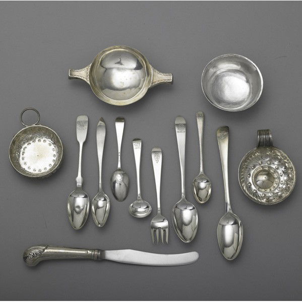 ENGLISH, IRISH, CONTINENTAL, AMERICAN SILVER: ENGLISH, IRISH, CONTINENTAL, AMERICAN SILVER, 18th-20th Century. (11) crested dessert spoons by Thomas Northcote and George Smith, London, 1783; (6) Irish teaspoons with Gaelic head crest, John Shield