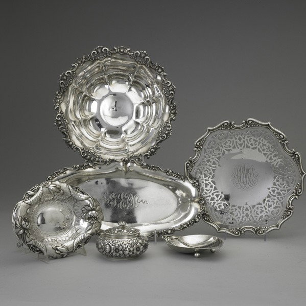 AMERICAN SILVER HOLLOWARE: AMERICAN SILVER HOLLOWARE, 19th/20th Century. Gorham circular, floral repousse bonbon box; (2) Art Nouveau dishes by Black Starr & Frost; Bailey, Banks & Biddle lobed centerbowl with applied scroll ri