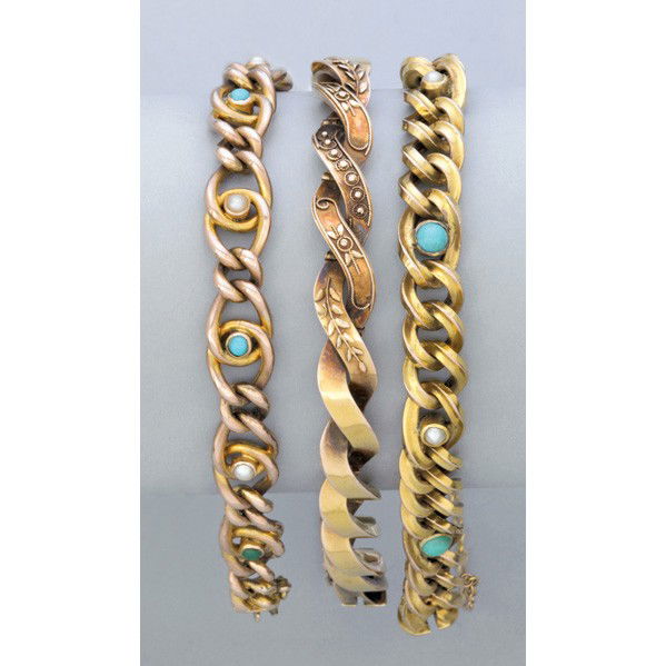 THREE VICTORIAN GOLD LINK BRACELETS: THREE VICTORIAN GOLD LINK BRACELETS. Neoclassical twisted ribbon in 15k; 10k turquoise and split pearls; smooth link with turquoise and split pearls, 9k. 23.1 dwt. (35.8 gs.), 6 1/2''-7''