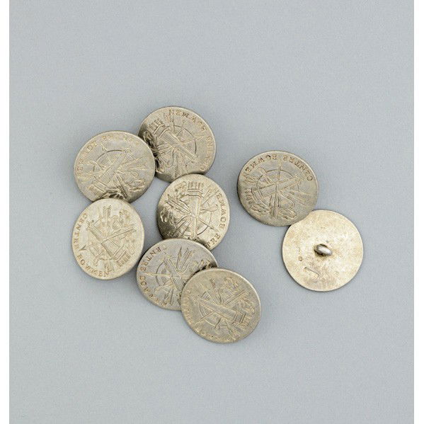 SET OF EIGHT SILVER ARCHERY BUTTONS: SET OF EIGHT SILVER ARCHERY BUTTONS. Etched centre bowmen, engraved quiver arrows and bow over target. Birmingham marks 1813, Wardell and Kempson. Indistinct age. 40.05 dwt. (62.3 gs.), 1''