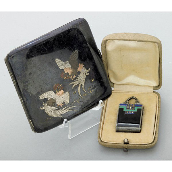 TWO DUNHILL ART DECO ACCESSORIES: TWO DUNHILL ART DECO ACCESSORIES. Enameled silver transformable purse/desk clock with marcasites and marked Dunhill, luminous chapters and hands, Swiss movement, 15 jewels, two adj., Blita Watch Co. S