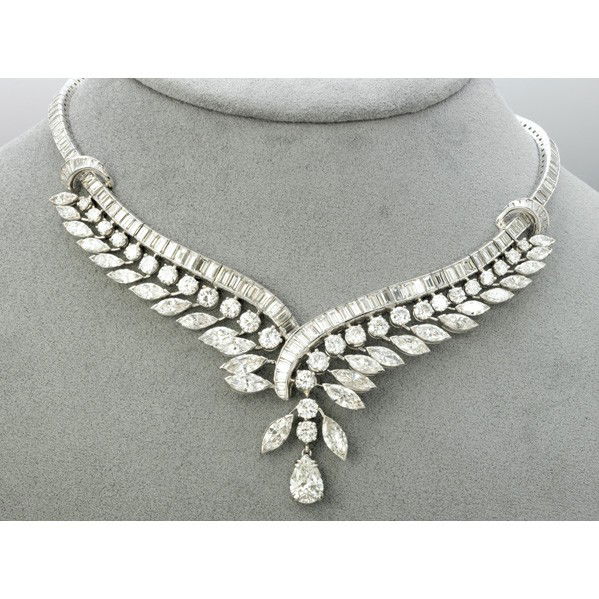 JULIUS COHEN PLATINUM AND DIAMOND NECKLACE: IMPORTANT JULIUS COHEN PLATINUM AND DIAMOND NECKLACE, ca. 1956. Supple ribbon of baguette cut diamonds, suspends graduated circular brilliant and marquise cut diamonds, approx. 47 cts. TW, suspends a
