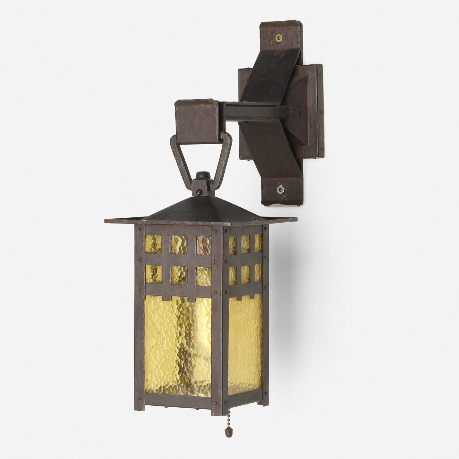 Gustav Stickley, Lantern model 830 from the Charles B. Evans House, Queens: Gustav Stickley Lantern model 830 from the Charles B. Evans House, Queens USA, c. 1914hammered copper, hammered amber glass 16.25 h x 6 w x 10 d in (41 x 15 x 25 cm) Impressed manufacturer's m