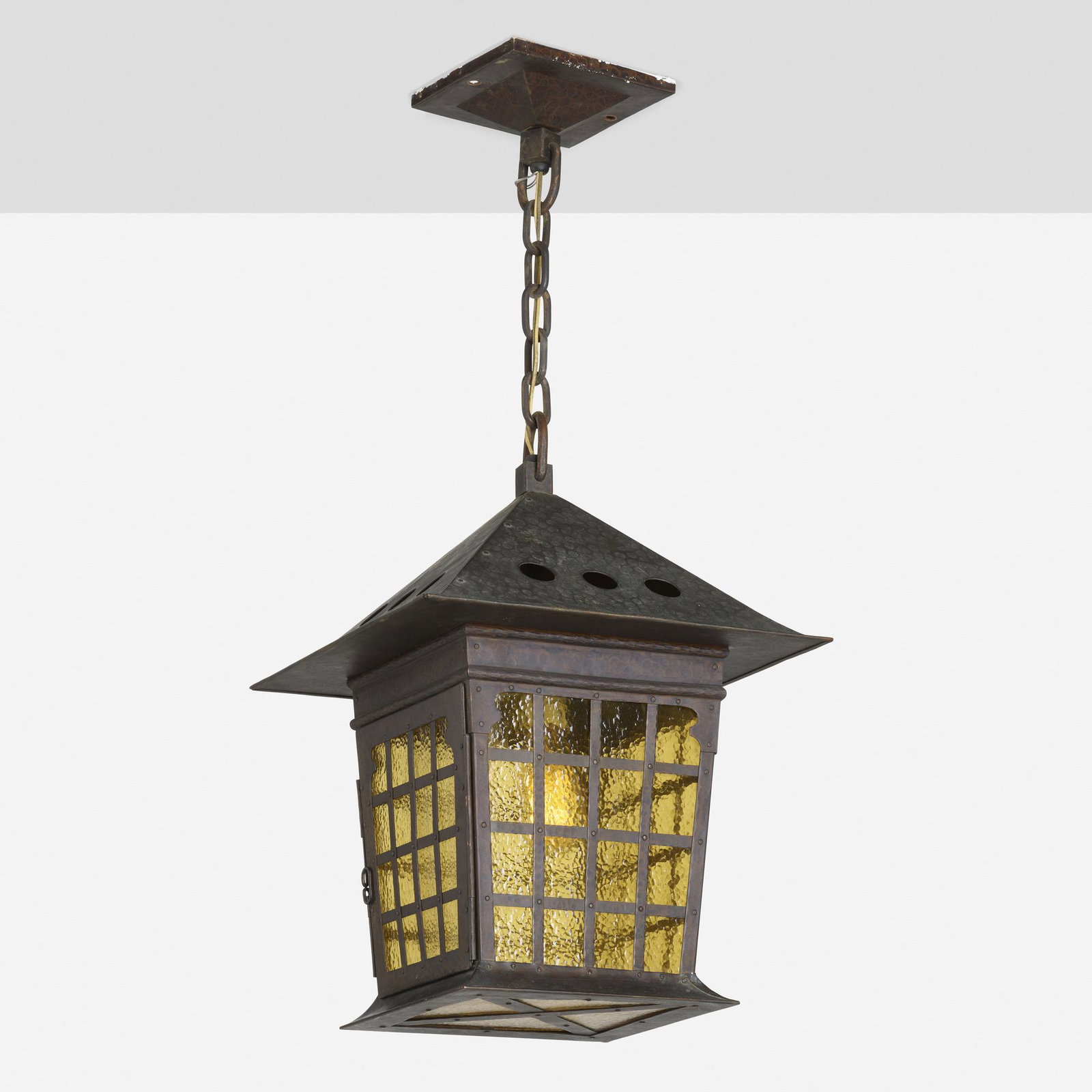 Gustav Stickley, Rare lantern model 203 from the Charles B. Evans House, Queens: Gustav Stickley Rare lantern model 203 from the Charles B. Evans House, Queens USA, c. 1914hammered copper, iron, hammered amber glass 18 h x 13.75 w x 13.75 d in (46 x 35 x 35 cm) Impressed m