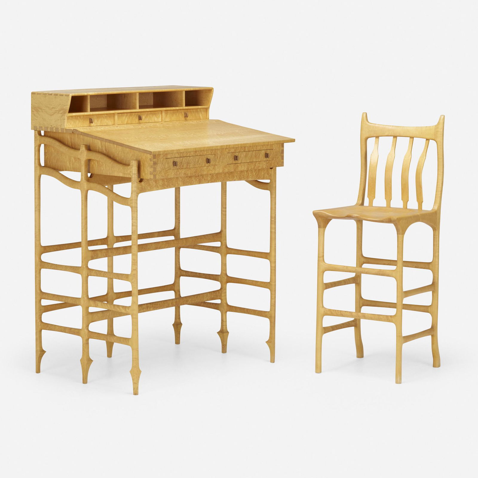 John Wesley Williams, Desk and chair: John Wesley Williams Desk and chair USA, c. 1980bird's-eye maple, wenge desk: 51.25 h x 36 w x 31 d in (130 x 91 x 79 cm) chair: 46.5 h x 16.5 w x 19 d in (118 x 42 x 48 cm) Desk features e