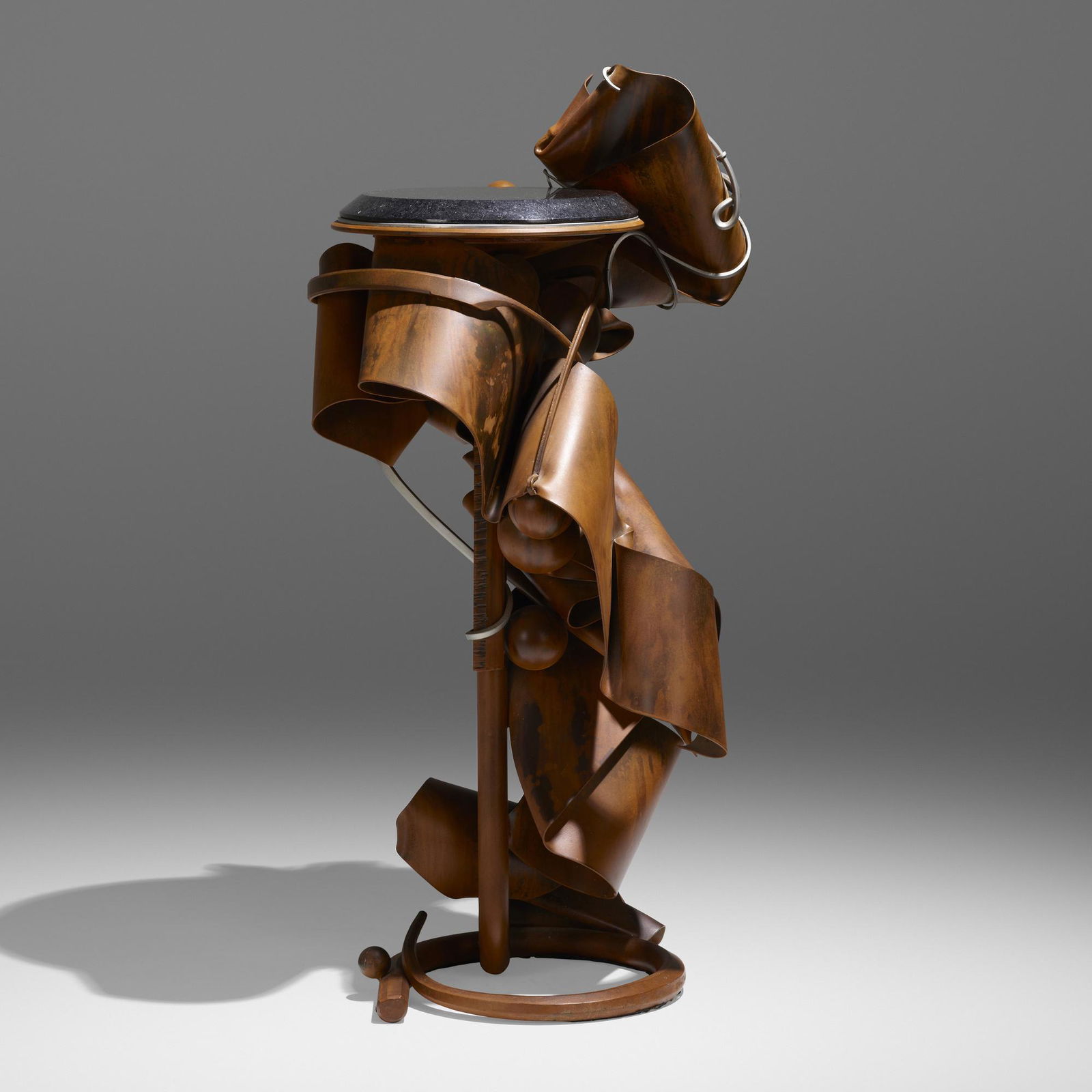 Albert Paley, Plant stand: Albert Paley Plant stand USA, 1994forged and fabricated steel with a natural patina, stainless steel, granite 57 h x 31 dia in (145 x 79 cm) Impressed signature and date to base 'Albert Paley