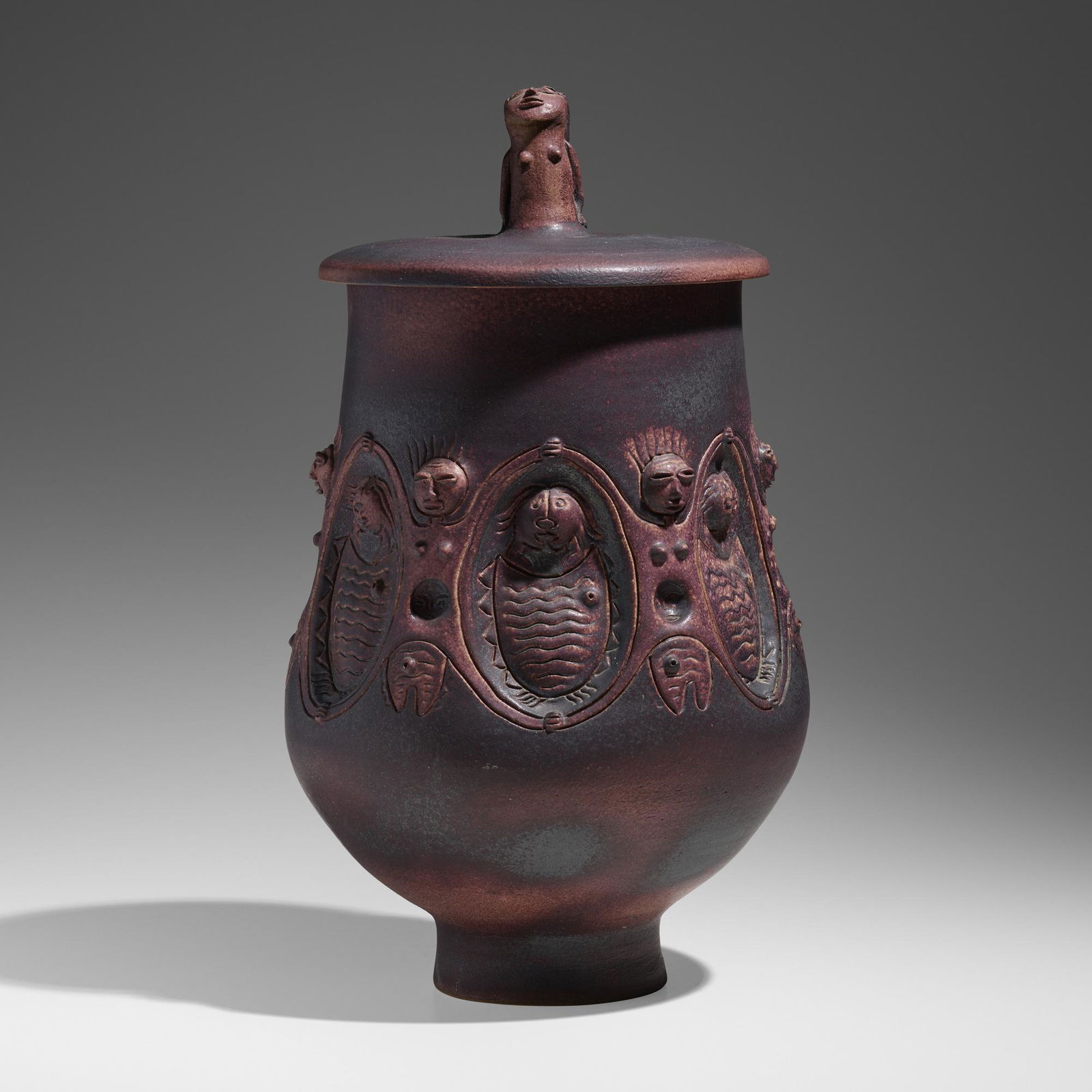 Edwin and Mary Scheier, Covered chalice form: Edwin and Mary Scheier Covered chalice form USA, 1993glazed stoneware 19.25 h x 11 dia in (49 x 28 cm) Incised signature and date to underside '93 Scheier'. This work will